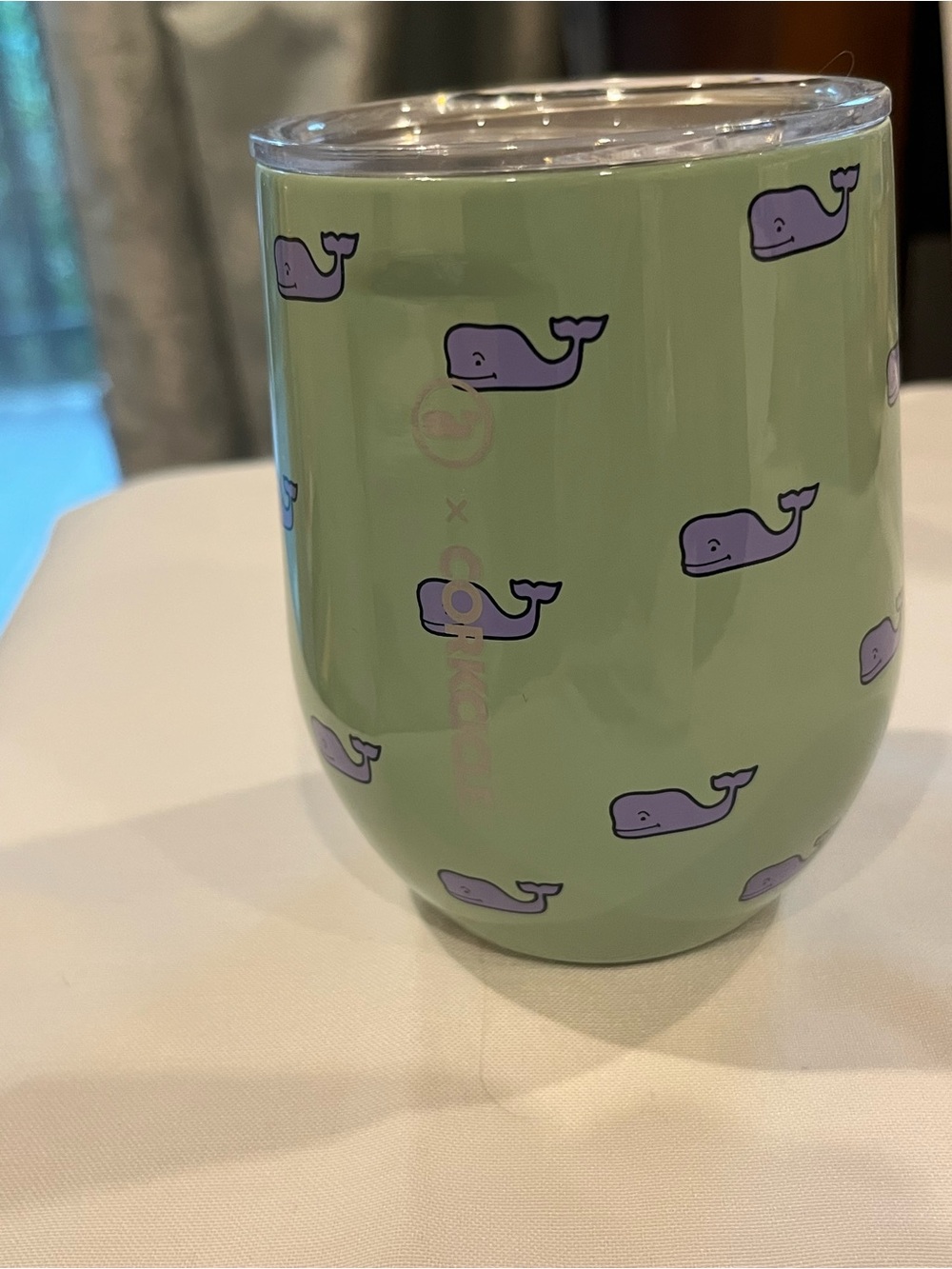 Vineyard Vines Light Green Tumbler with Purple Whale Pattern